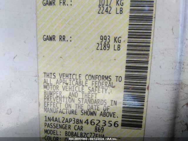 2011 NISSAN ALTIMA 2.5 S VIN: 1N4AL2AP3BN462356