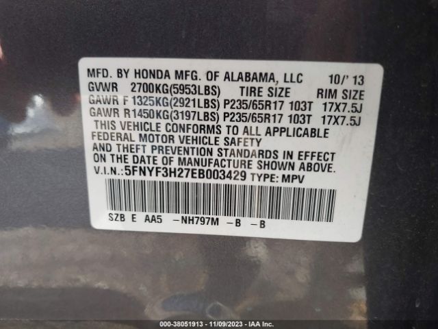 5FNYF3H27EB003429 Honda PILOT LX