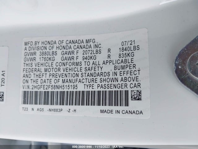 2022 HONDA CIVIC SPORT VIN: 2HGFE2F58NH515195