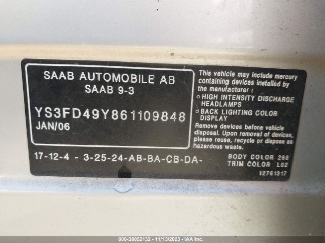 2006 SAAB 9-3 YS3FD49Y861109848 Photo 8