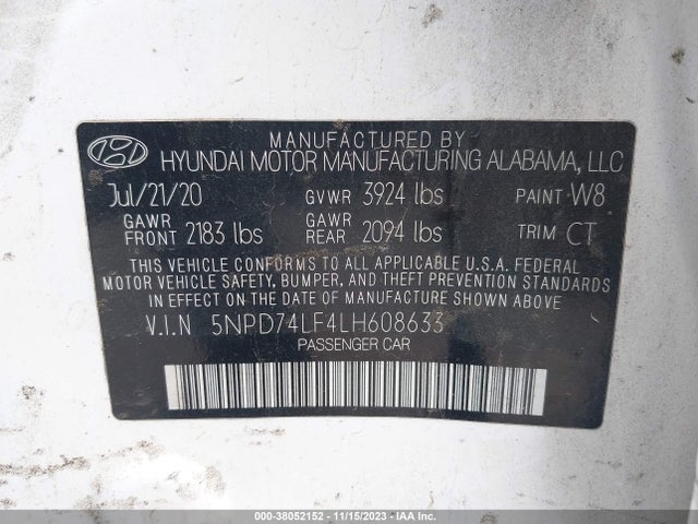 2020 HYUNDAI ELANTRA SE VIN: 5NPD74LF4LH608633