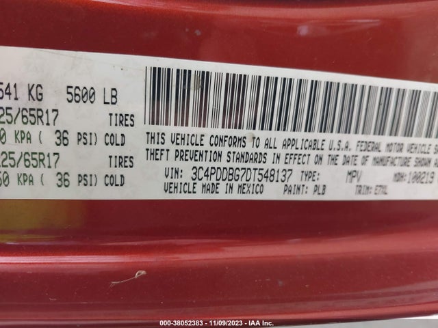 2013 DODGE JOURNEY SXT VIN: 3C4PDDBG7DT548137