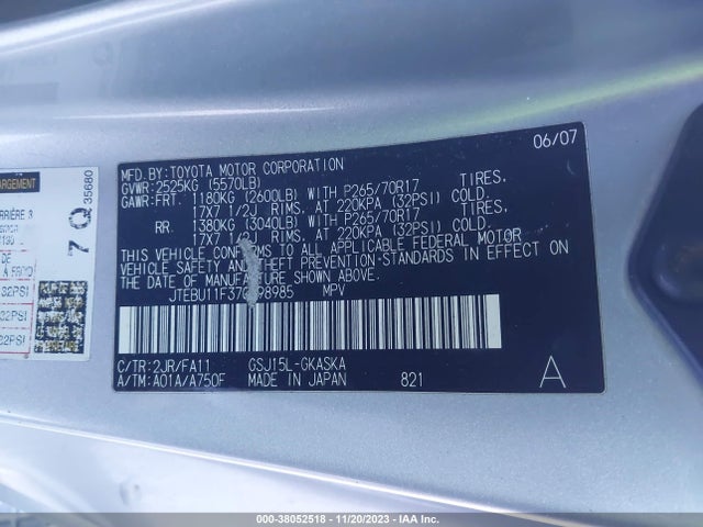 2007 TOYOTA FJ CRUISER VIN: JTEBU11F370098985