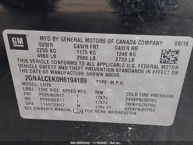 Chevrolet EQUINOX LT 2017 2GNALCEK0H6194109 Image 9