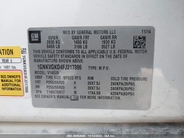 Chevrolet Traverse 1lt 2015 1GNKVGKD4FJ217886 Image 9