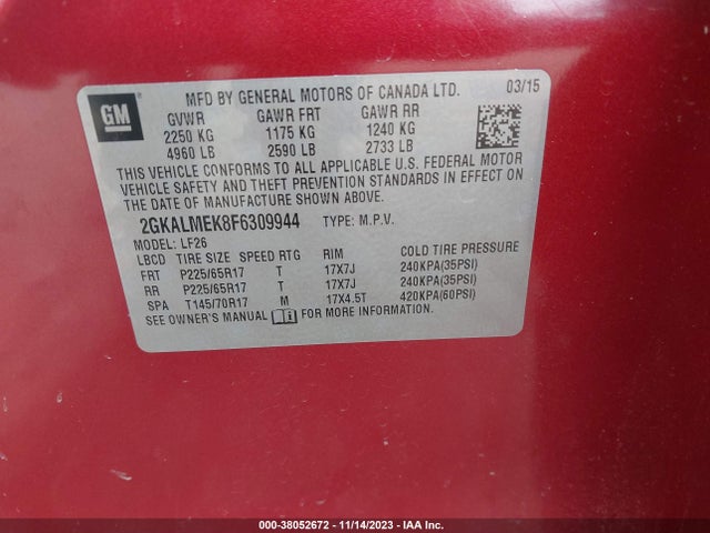 GMC Terrain Sle-1 2015 2GKALMEK8F6309944 Image 9