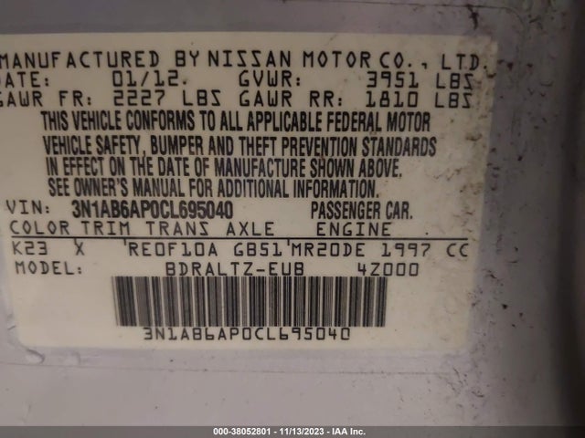 2012 NISSAN SENTRA 2.0 S VIN: 3N1AB6AP0CL695040