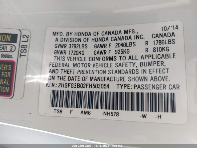 Honda Civic Ex-l 2015 2HGFG3B02FH503054 Image 9