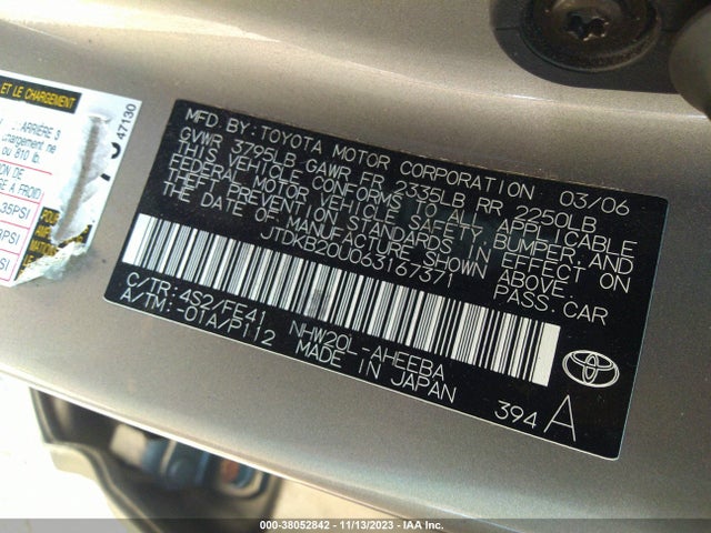 38052842 :رقم المزاد ، JTDKB20U063167371 vin ، 2006 Toyota Prius مزاد بيع