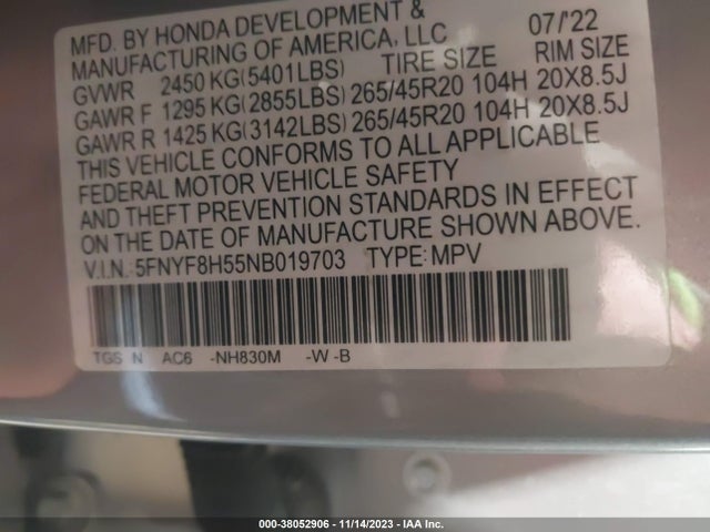 2022 HONDA PASSPORT AWD EX-L VIN: 5FNYF8H55NB019703