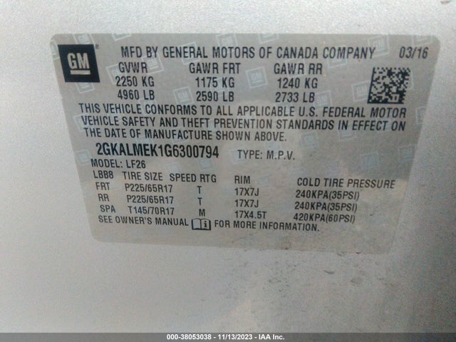 GMC Terrain Sle-1 2016 2GKALMEK1G6300794 Image 9