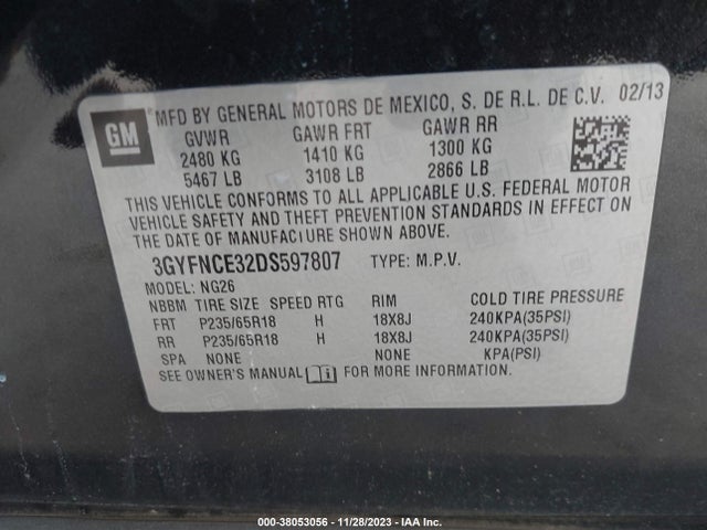 2013 CADILLAC SRX LUXURY COLLECTION VIN: 3GYFNCE32DS597807