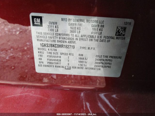 1GKS2BKC0HR182719 GMC YUKON SLT