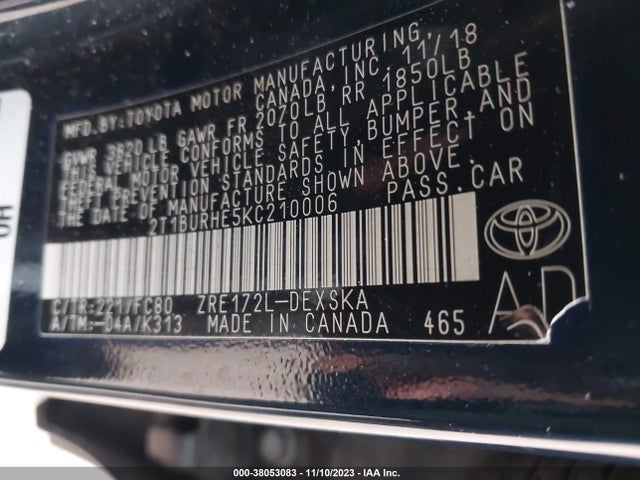 2019 TOYOTA COROLLA SE VIN: 2T1BURHE5KC210006