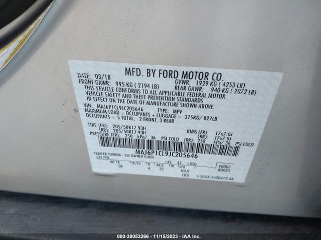 2018 FORD ECOSPORT SES VIN: MAJ6P1CL9JC205646
