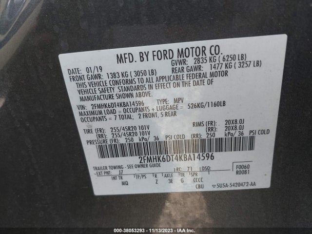 2019 FORD FLEX LIMITED VIN: 2FMHK6DT4KBA14596