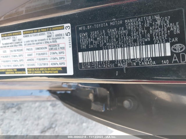 2008 TOYOTA COROLLA S VIN: 2T1BR32EX8C908854