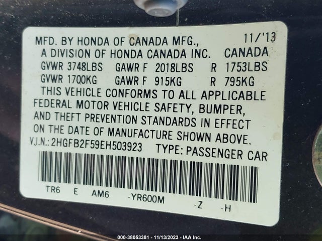 2014 HONDA CIVIC LX VIN: 2HGFB2F59EH503923