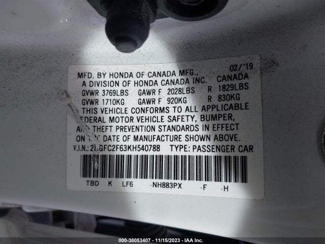 Honda Civic Lx 2019 2HGFC2F63KH540788 Image 9