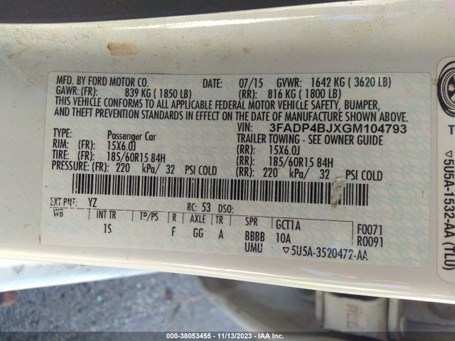2016 FORD FIESTA SE VIN: 3FADP4BJXGM104793