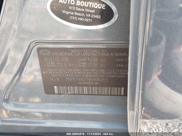 2009 HYUNDAI SONATA GLS VIN: 5NPET46C79H496405