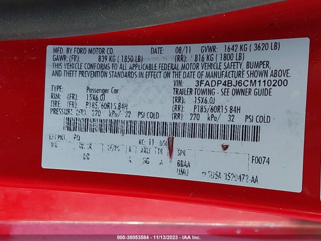 2012 FORD FIESTA SE VIN: 3FADP4BJ6CM110200