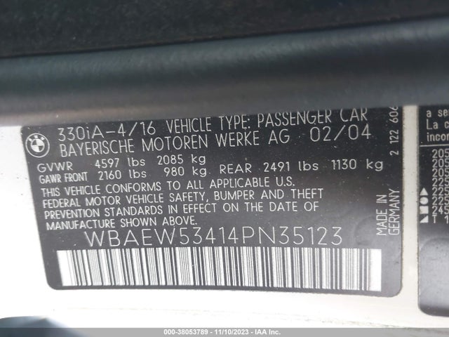 2004 BMW 330XI VIN: WBAEW53414PN35123