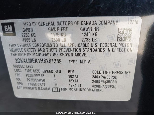 GMC Terrain Sle-1 2017 2GKALMEK1H6261349 Image 9