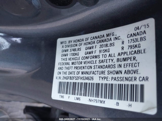 2015 HONDA CIVIC LX VIN: 2HGFB2F52FH534626