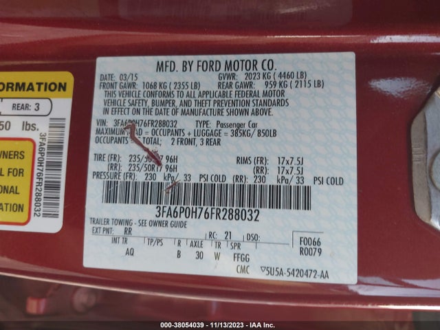 2015 FORD FUSION SE VIN: 3FA6P0H76FR288032