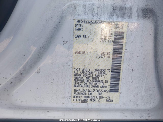2016 NISSAN ALTIMA 2.5 S VIN: 1N4AL3AP5GC206549