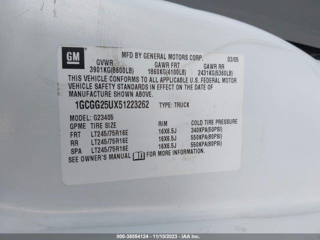 2005 CHEVROLET EXPRESS VIN: 1GCGG25UX51223262