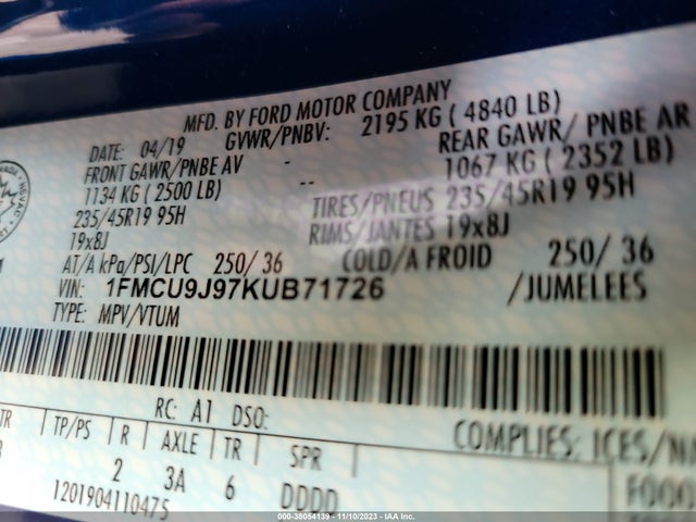 2019 FORD ESCAPE TITANIUM VIN: 1FMCU9J97KUB71726