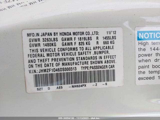 2013 HONDA CR-Z VIN: JHMZF1D46DS000313
