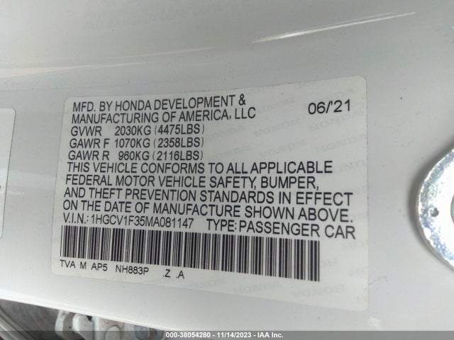 2021 HONDA ACCORD SPORT VIN: 1HGCV1F35MA081147