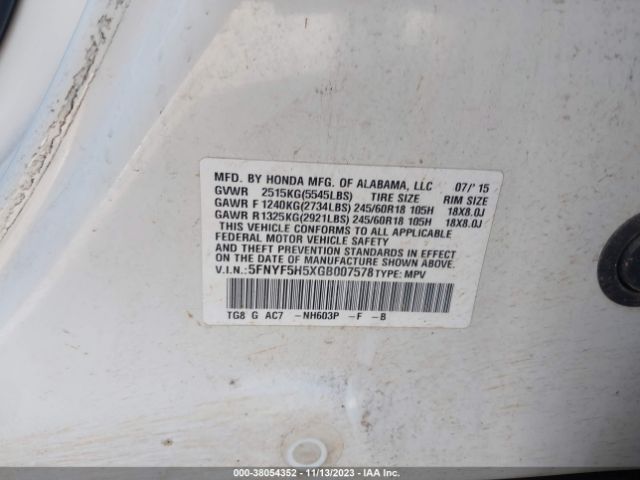 5FNYF5H5XGB007578 Honda Pilot Ex-l