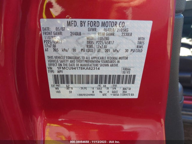 2008 FORD ESCAPE LIMITED VIN: 1FMCU94178KA82314