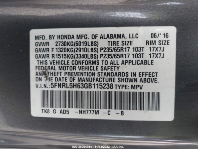 5FNRL5H63GB115238 Honda Odyssey Ex-l