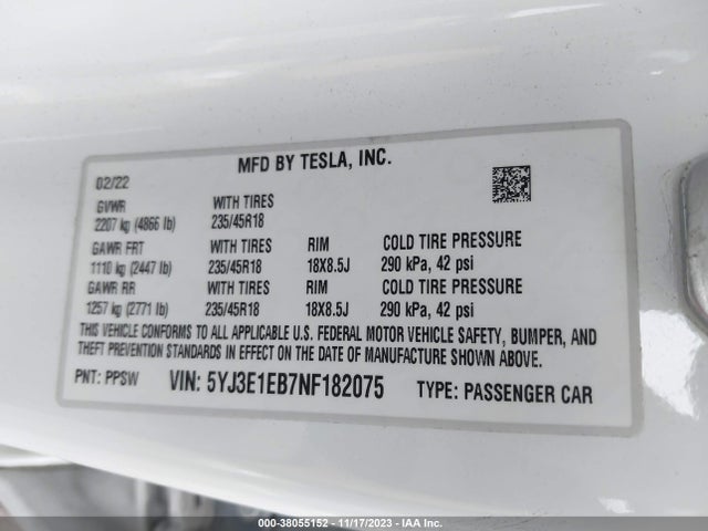 2022 TESLA MODEL 3 LONG RANGE DUAL MOTOR ALL-WHEEL DRIVE VIN: 5YJ3E1EB7NF182075