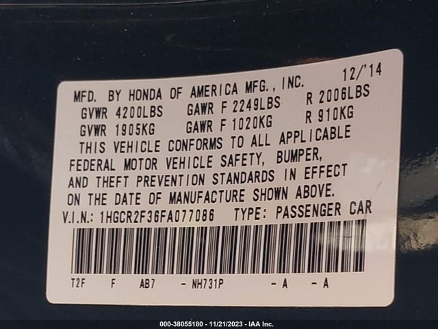 Honda ACCORD LX 2015 1HGCR2F36FA077086 Image 9