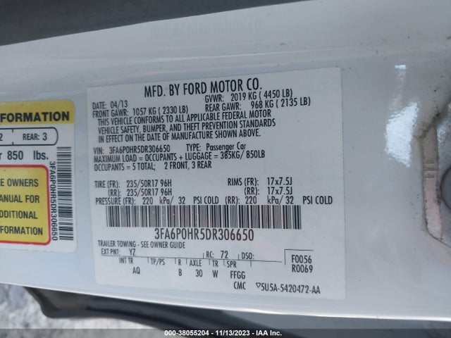 2013 FORD FUSION SE VIN: 3FA6P0HR5DR306650