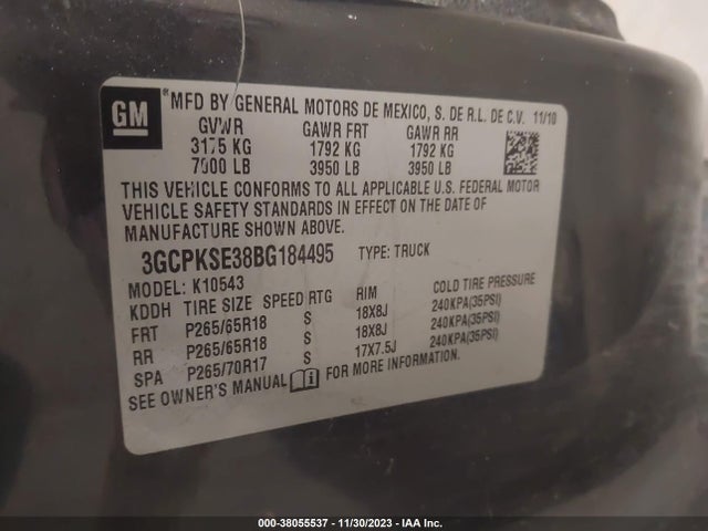 2011 CHEVROLET SILVERADO 1500 LT VIN: 3GCPKSE38BG184495
