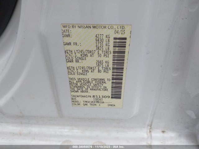 2015 NISSAN NV PASSENGER NV3500 HD SL V8 VIN: 5BZAF0AA1FN851309