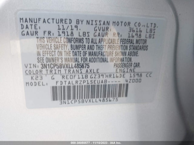 2020 NISSAN KICKS S XTRONIC CVT VIN: 3N1CP5BVXLL485675
