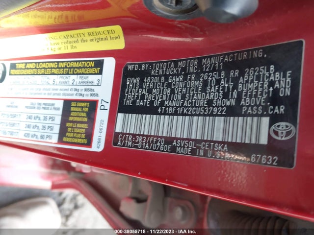 2012 TOYOTA CAMRY SE VIN: 4T1BF1FK2CU537922