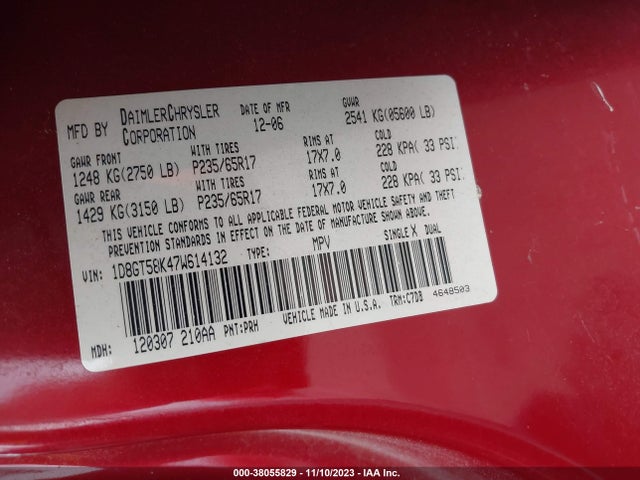 2007 DODGE NITRO SLT VIN: 1D8GT58K47W614132