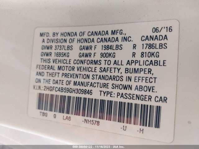 Honda Civic Coupe Lx 2016 2HGFC4B59GH309846 Image 9