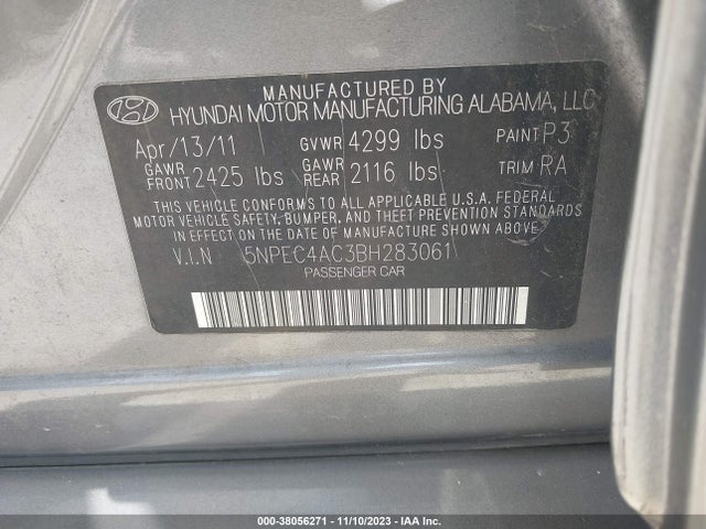 2011 HYUNDAI SONATA SE VIN: 5NPEC4AC3BH283061