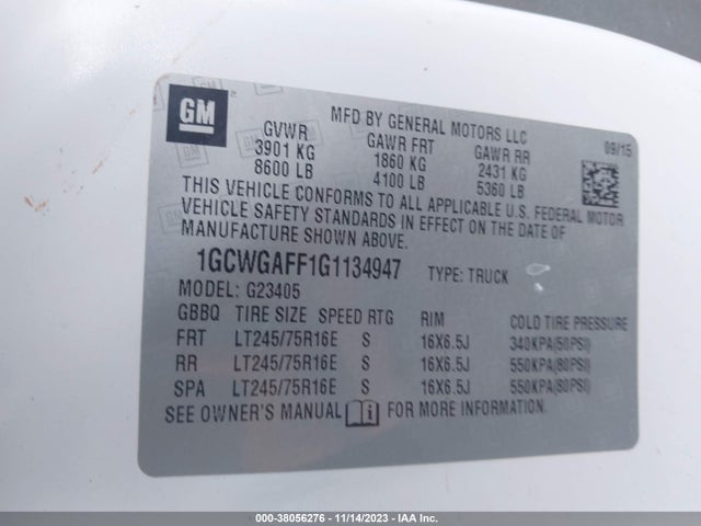 2016 CHEVROLET EXPRESS 2500 WORK VAN VIN: 1GCWGAFF1G1134947