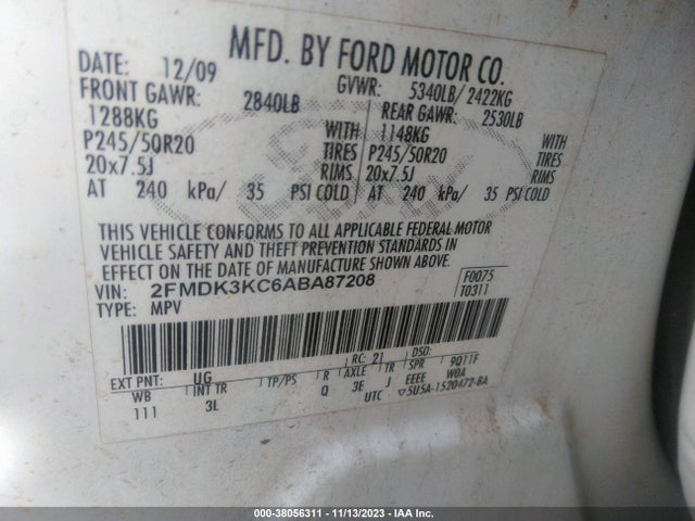 2010 FORD EDGE LIMITED VIN: 2FMDK3KC6ABA87208